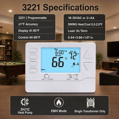 Energy-Saving 2 Heat 2 Cool Heat Pump Thermostat Load Rating 1.5 Amp Maximum All Terminals Combined