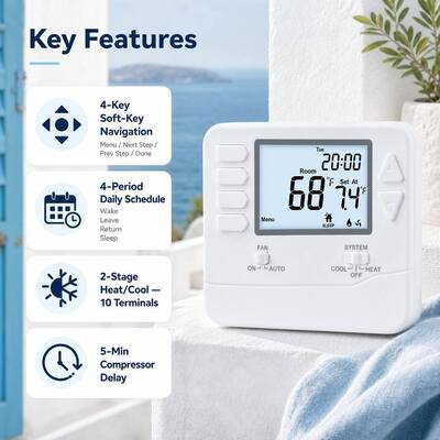 Anti Flammable ABS PC 7 Day Programmable Digital LCD HVAC Thermostat Temperature Control Powered by 2 AAA Alkaline Batteries or 18 30 VAC NEC Class II for Commercial HVAC Systems