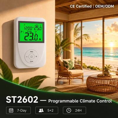 130 X 86 X 28 মিমি আন্ডারফ্লোর হিটিং রুম 7 দিনের প্রোগ্রামযোগ্য থার্মোস্ট্যাট আন্ডারফ্লোর হিটিং সিস্টেমের জন্য তাপমাত্রা প্রদর্শনের পরিসীমা 0°C থেকে 40°C, 0.1°C বৃদ্ধি সহ